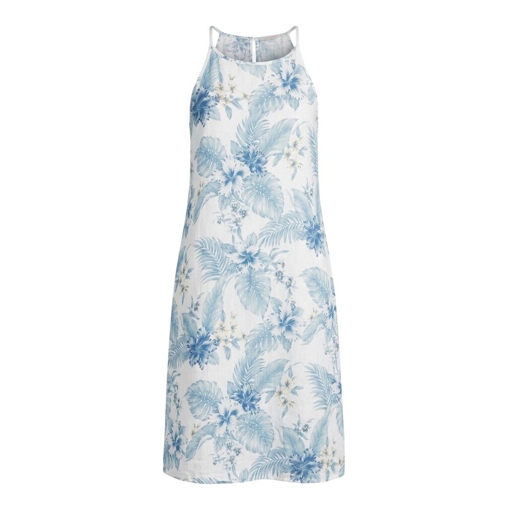 Lungo L'Arno 100% Linen Tropical Floral Midi Dress Blue White Small